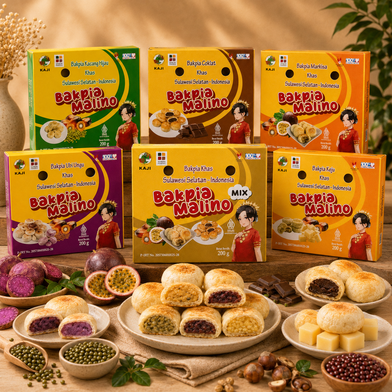 Bakpia Malino varian markisa, coklat, keju, ubi ungu, kacang hijau, dan mix khas Malino Gowa